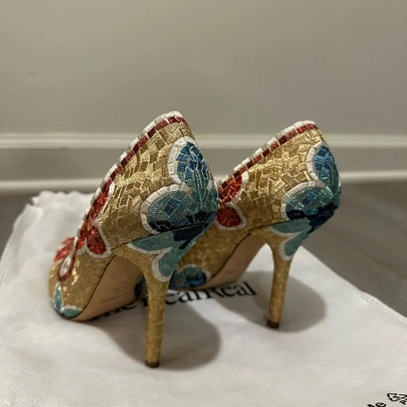Dolce & Gabbana Gold and Red Floral Embroidered Heels - Picture 6 of 8